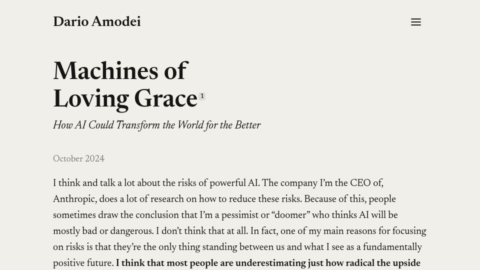 Screenshot of darioamodei.com: Machines of loving grace: How AI could transform the world for the better