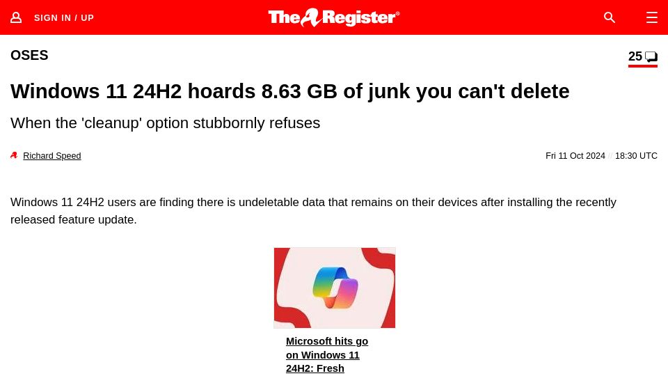 Screenshot of theregister.com: Windows 11 24H2 hoards 8.63 GB of junk you can't delete