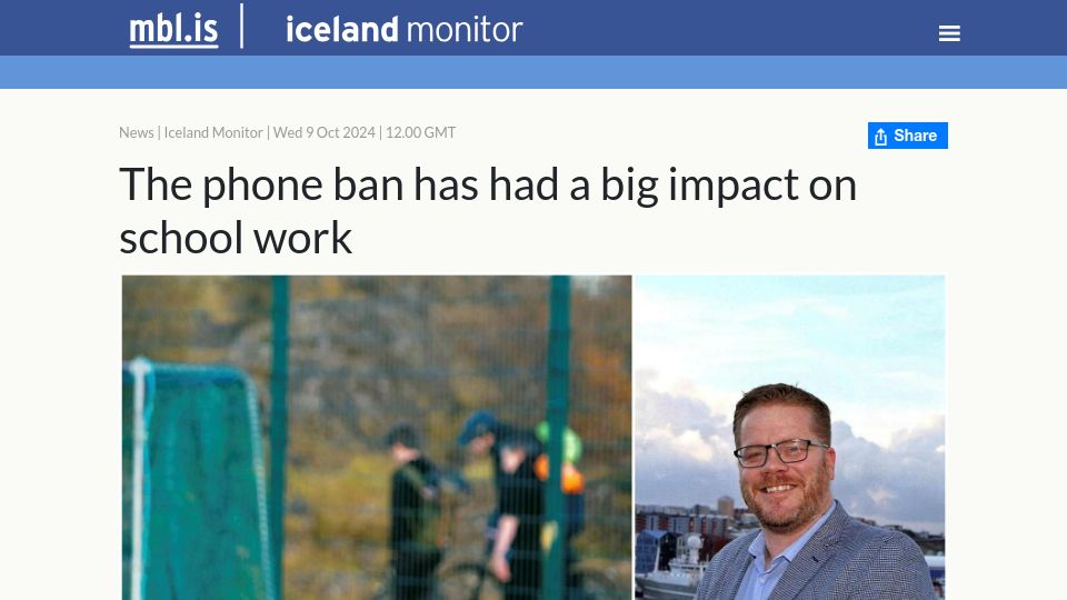 Screenshot of icelandmonitor.mbl.is: The phone ban has had a big impact on school work