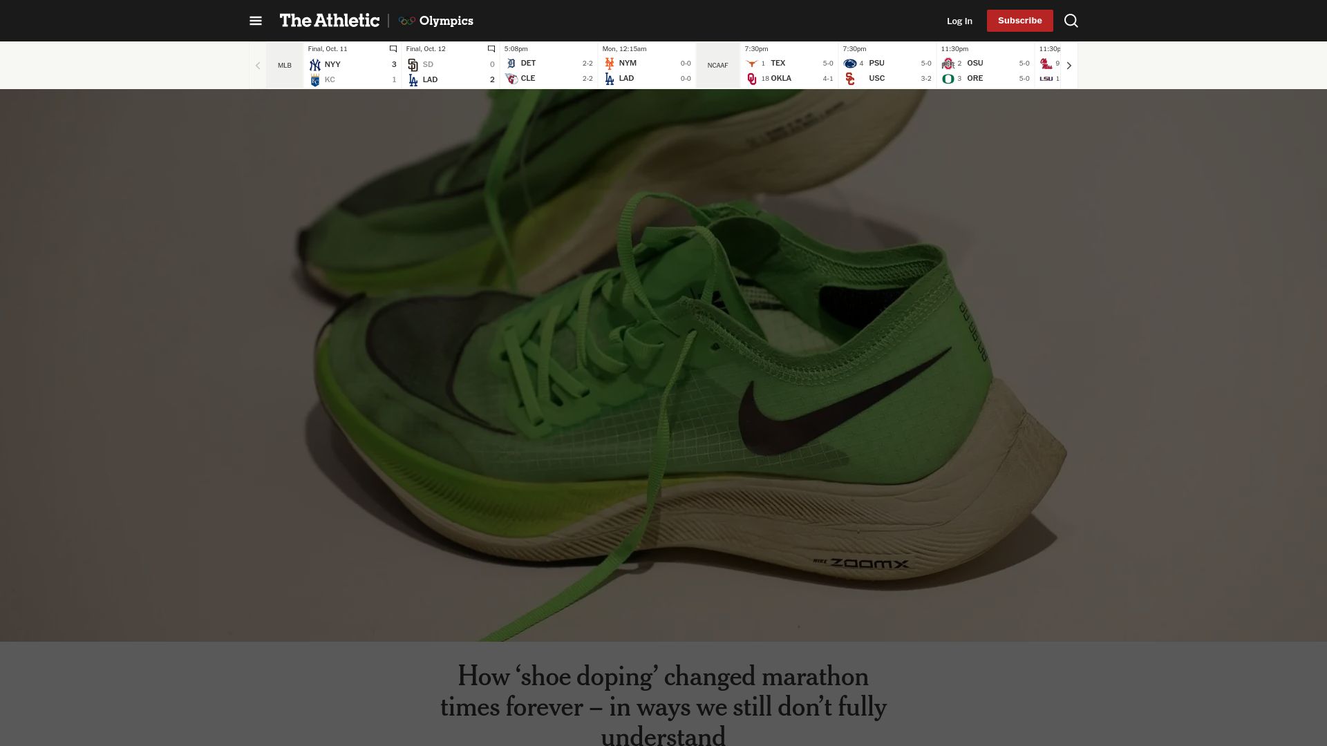Screenshot of nytimes.com: 'Shoe doping' changed marathon times in ways we still don't understand