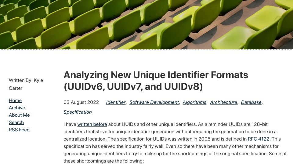 Screenshot of blog.scaledcode.com: Analyzing New Unique Identifier Formats (UUIDv6, UUIDv7, and UUIDv8)