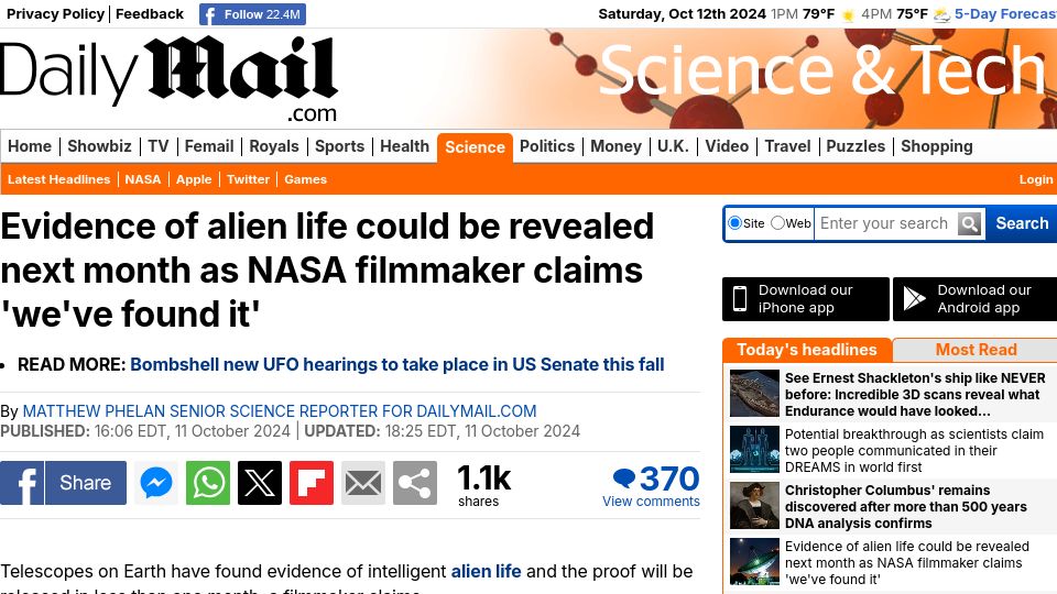 Screenshot of dailymail.co.uk: Evidence of alien may be announced within weeks