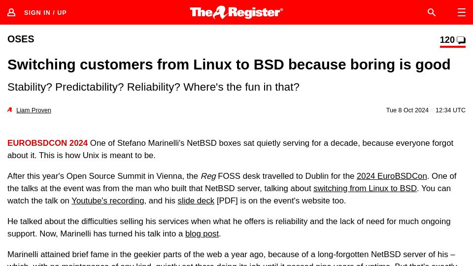 Screenshot of theregister.com: Switching customers from Linux to BSD because boring is good