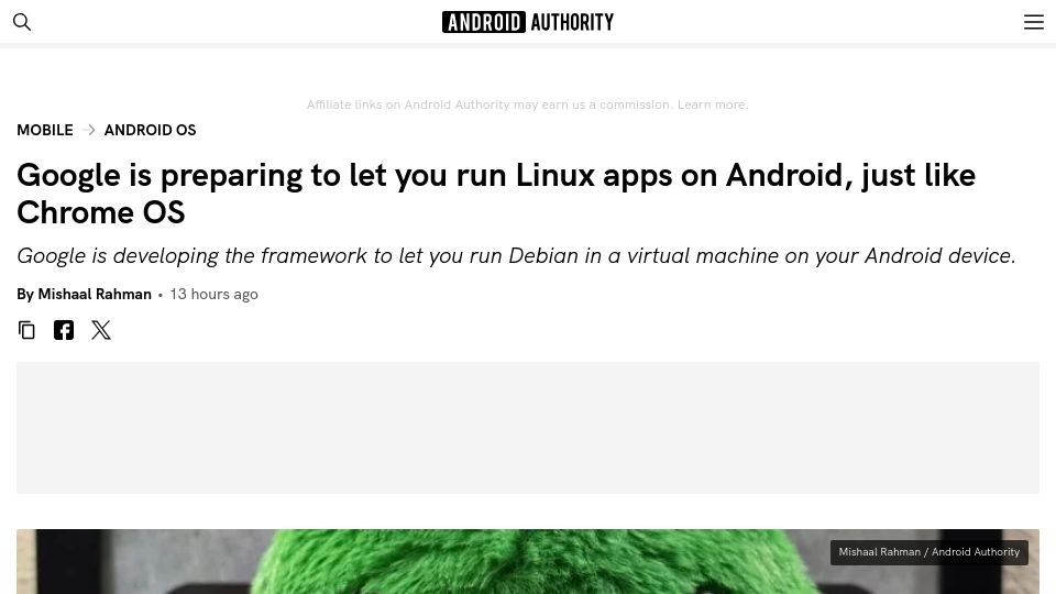Screenshot of androidauthority.com: Google is preparing to let you run Linux apps on Android, just like Chrome OS