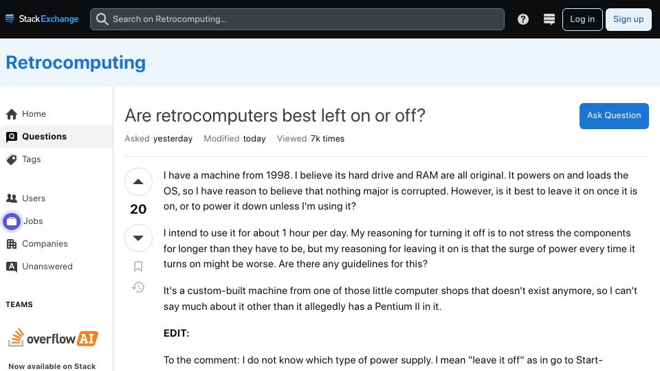 Screenshot of retrocomputing.stackexchange.com: Are retrocomputers best left on or off?
