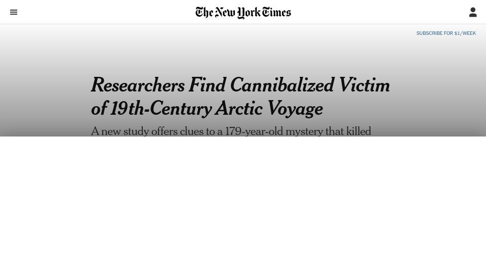 Screenshot of nytimes.com: Researchers Find Cannibalized Victim of 19th-Century Arctic Voyage