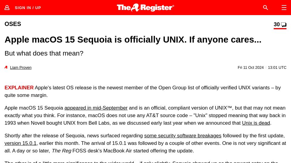Screenshot of theregister.com: Apple macOS 15 Sequoia is officially Unix