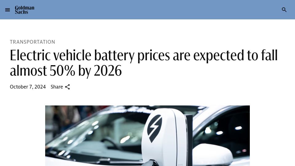 Screenshot of goldmansachs.com: Electric vehicle battery prices are expected to fall almost 50% by 2026