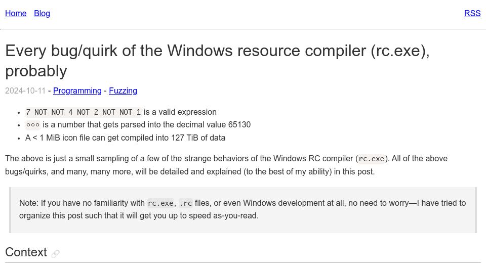 Screenshot of ryanliptak.com: Every bug/quirk of the Windows resource compiler (rc.exe), probably
