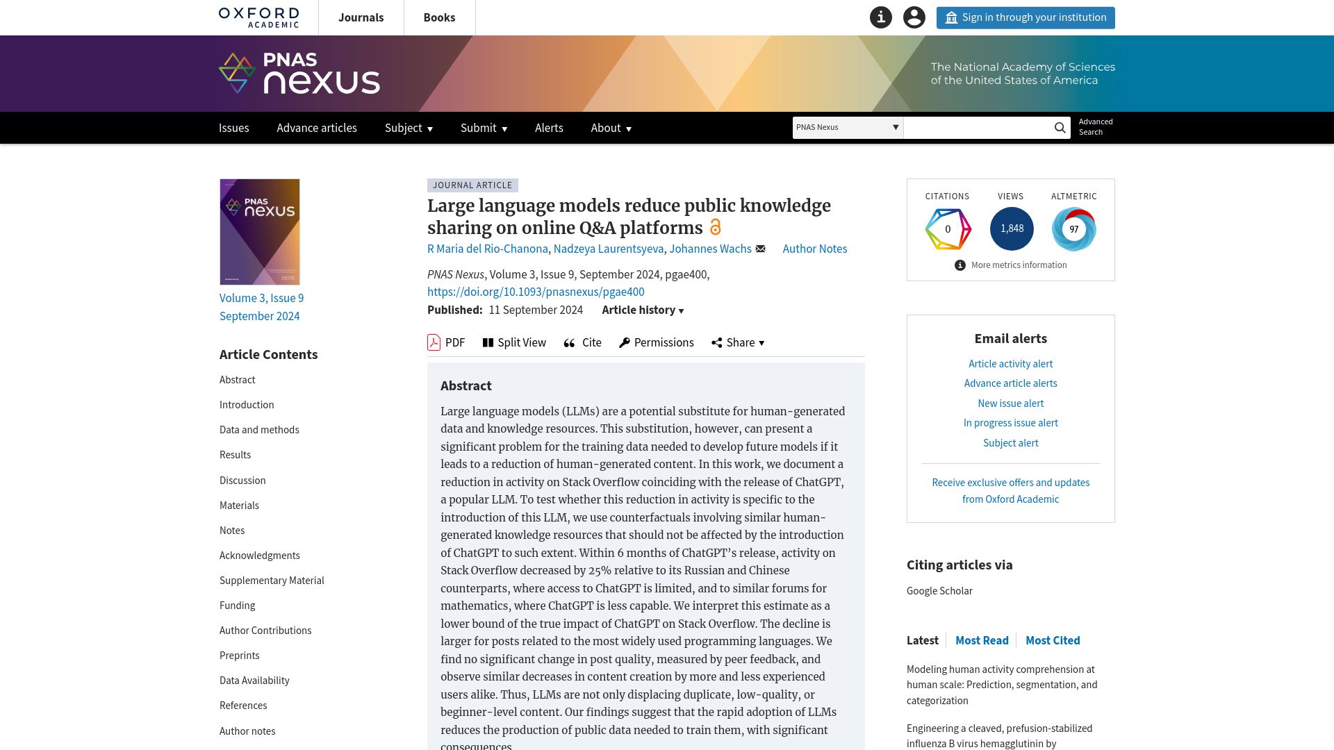 Screenshot of academic.oup.com: Large language models reduce public knowledge sharing on online Q&A platforms