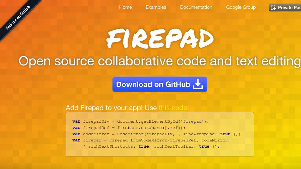 Screenshot of firepad.io: Firepad – An embeddable open-source collaborative code and text editor for web