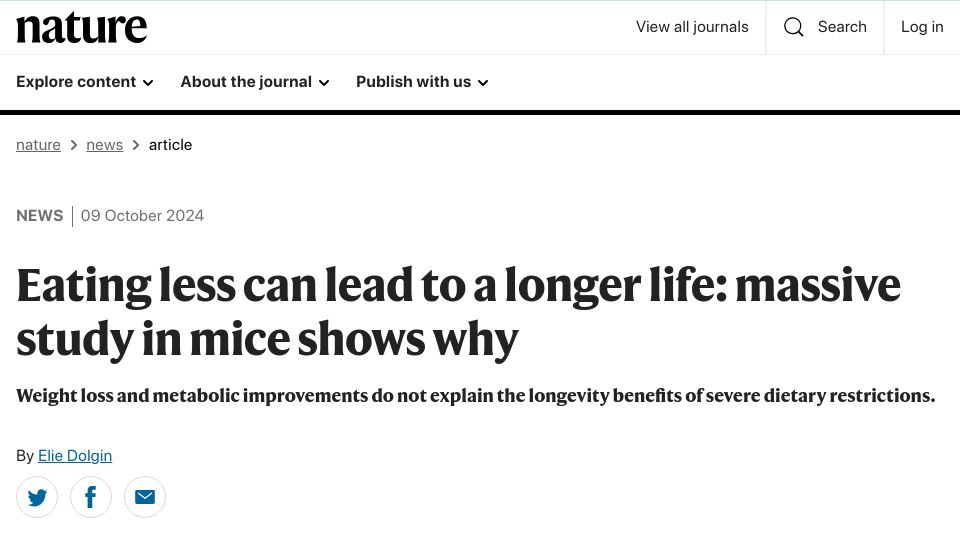 Screenshot of nature.com: Eating less can lead to a longer life: study in mice shows why