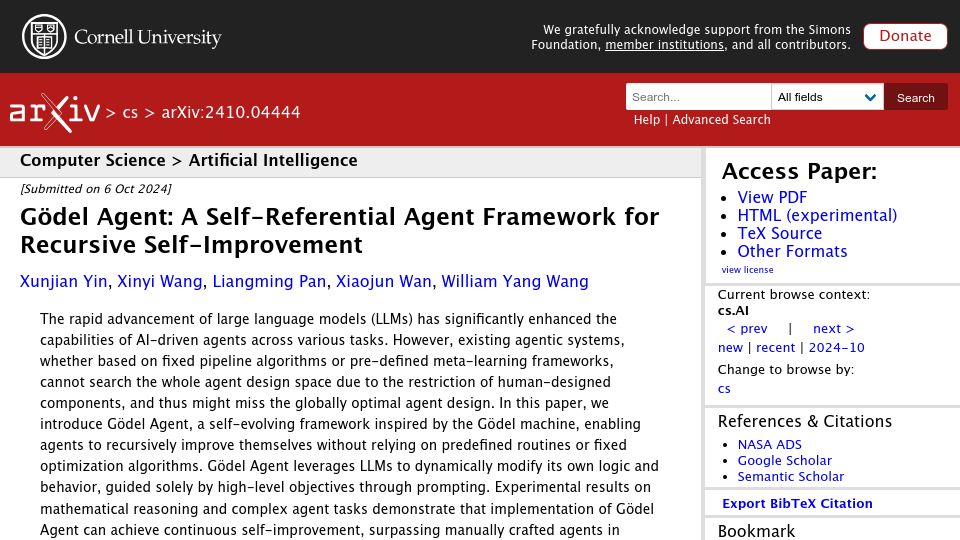 Screenshot of arxiv.org: Gödel Agent: A self-referential agent framework for recursive self-improvement