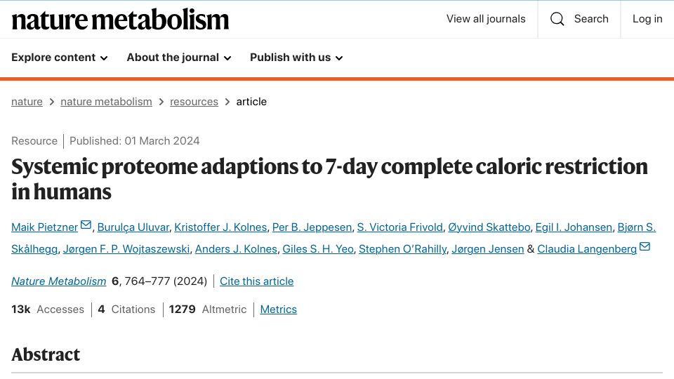 Screenshot of nature.com: Systemic proteome adaptions to 7-day complete caloric restriction in humans