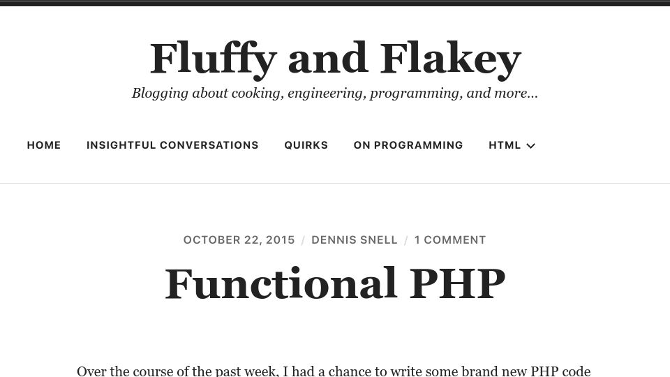 Screenshot of fluffyandflakey.blog: Functional PHP (2015)