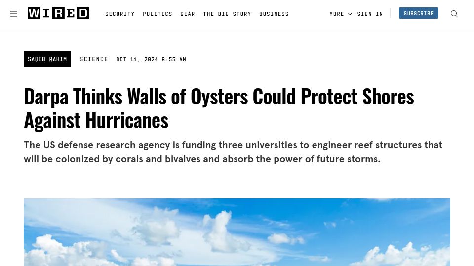 Screenshot of wired.com: DARPA is funding reef structures that will be colonized by corals and bivalves