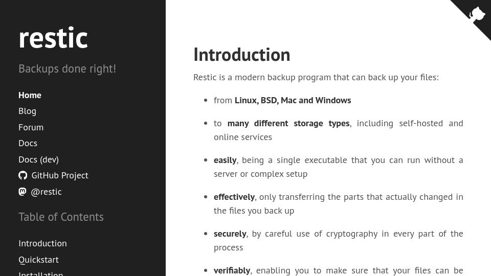 Screenshot of restic.net: Restic: Backups done right