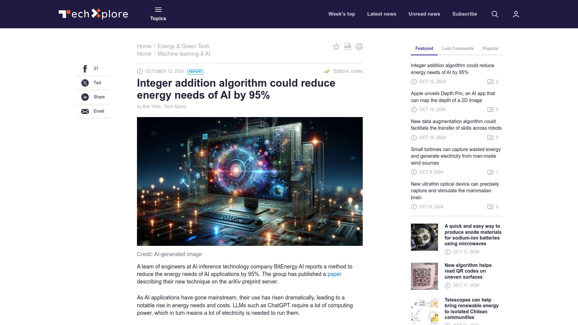 Screenshot of techxplore.com: Integer addition algorithm could reduce energy needs of AI by 95%