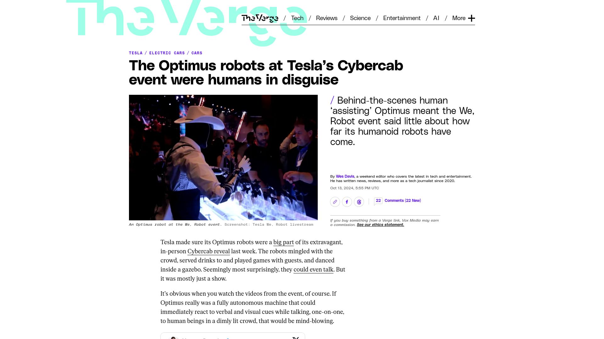 Screenshot of theverge.com: The Optimus robots at Tesla's Cybercab event were humans in disguise