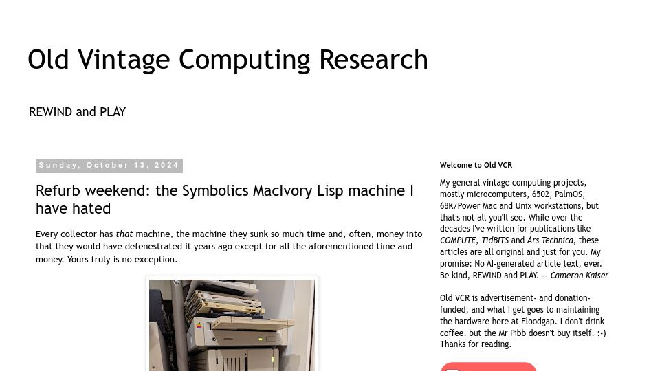Screenshot of oldvcr.blogspot.com: Refurb weekend: the Symbolics MacIvory Lisp machine I have hated