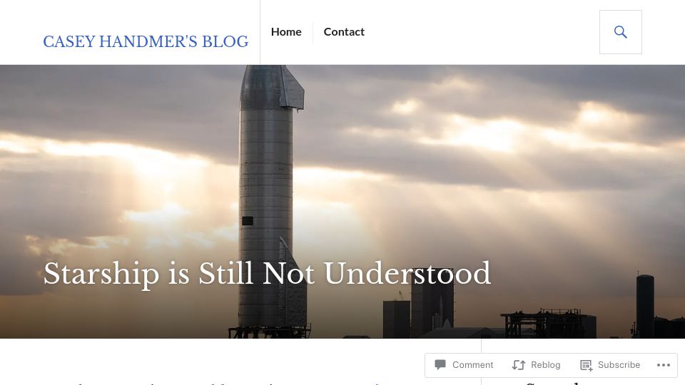 Screenshot of caseyhandmer.wordpress.com: Starship is Still Not Understood (2021)