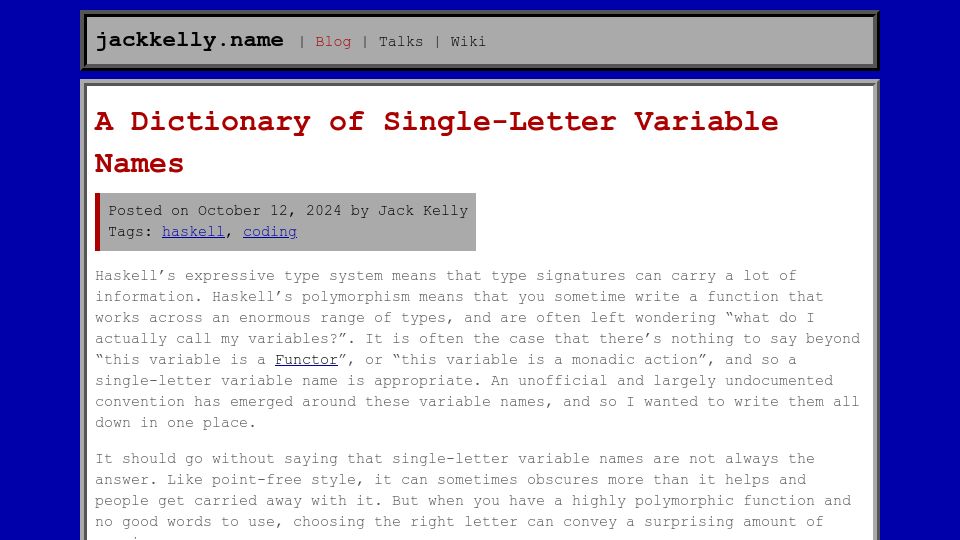 Screenshot of jackkelly.name: A dictionary of single-letter variable names