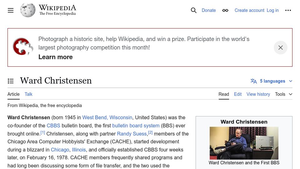 Screenshot of en.wikipedia.org: Ward Christensen (of BBS and XMODEM fame) has died