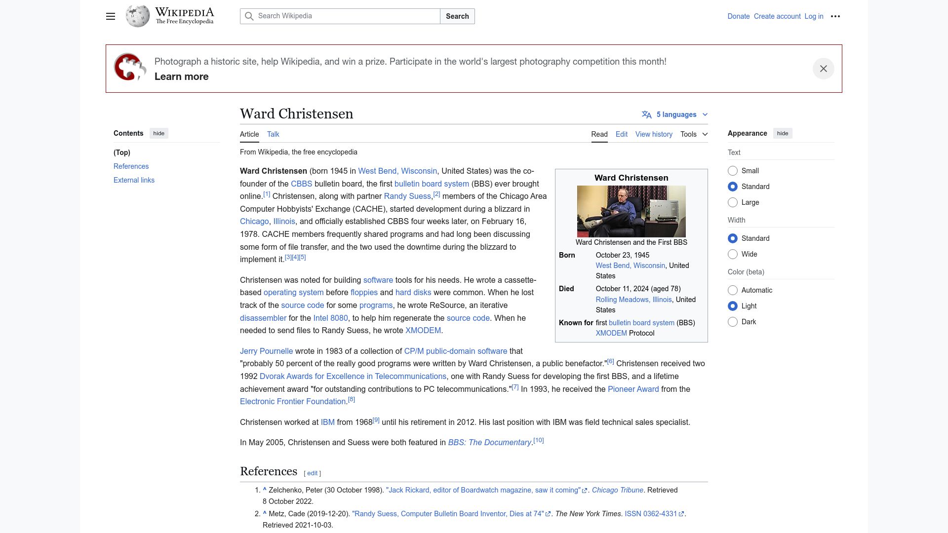 Screenshot of en.wikipedia.org: Ward Christensen (of BBS and XMODEM fame) has died