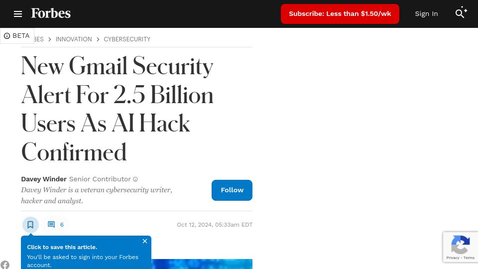 Screenshot of forbes.com: New Gmail Security Alert for 2.5B Users as AI Hack Confirmed