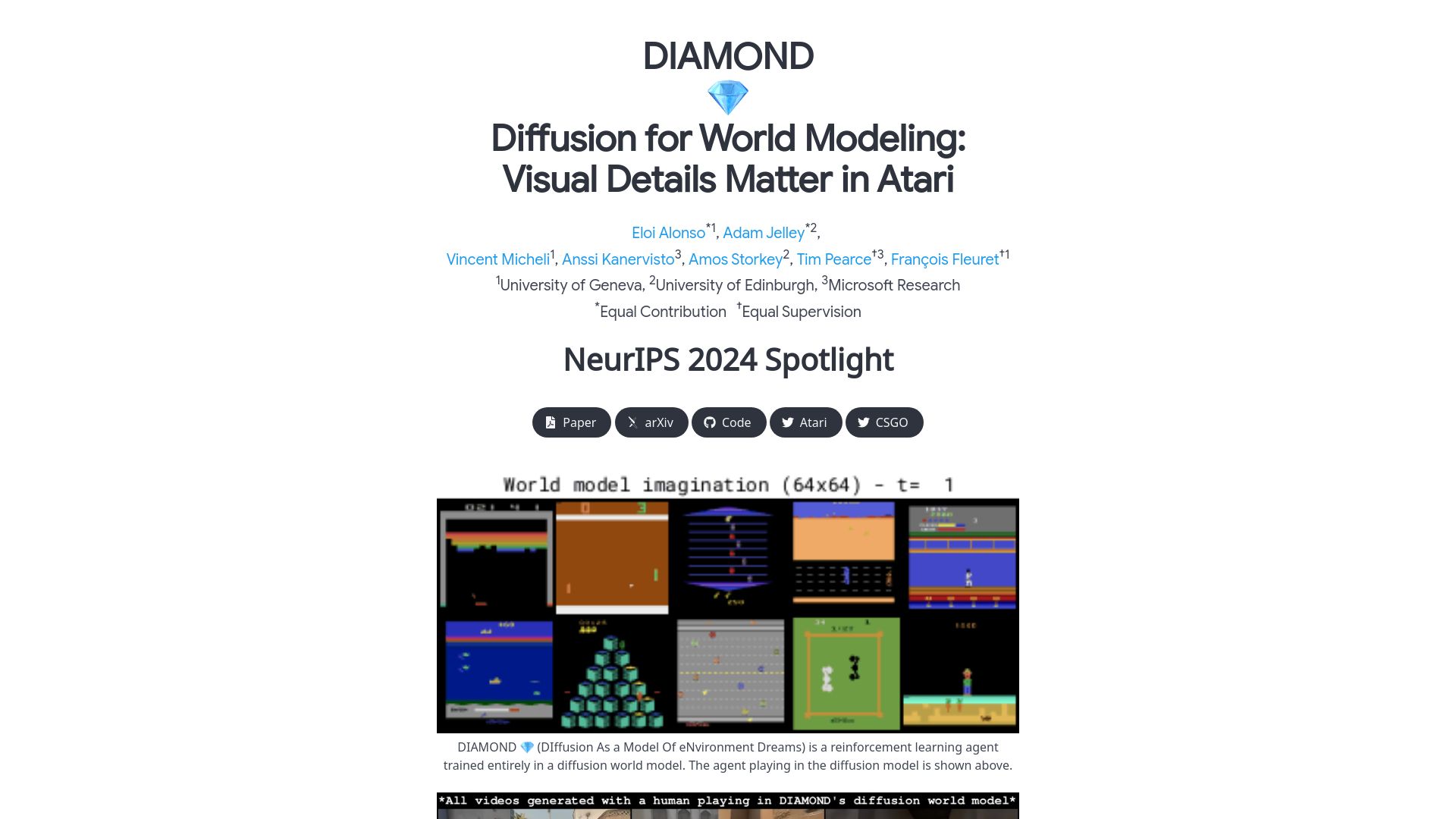 Screenshot of diamond-wm.github.io: Diffusion for World Modeling
