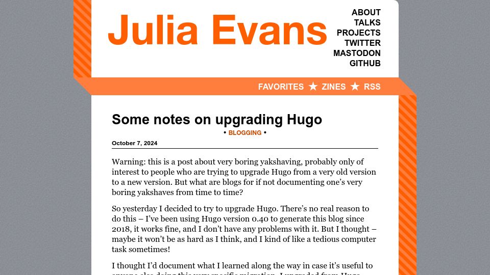 Screenshot of jvns.ca: Some Notes on Upgrading Hugo