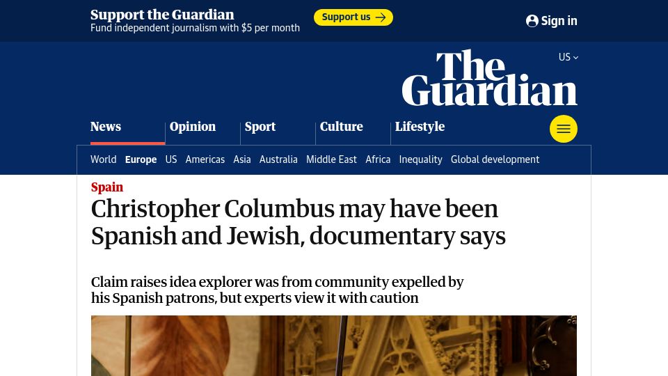 Screenshot of theguardian.com: Christopher Columbus may have been Spanish and Jewish, documentary says