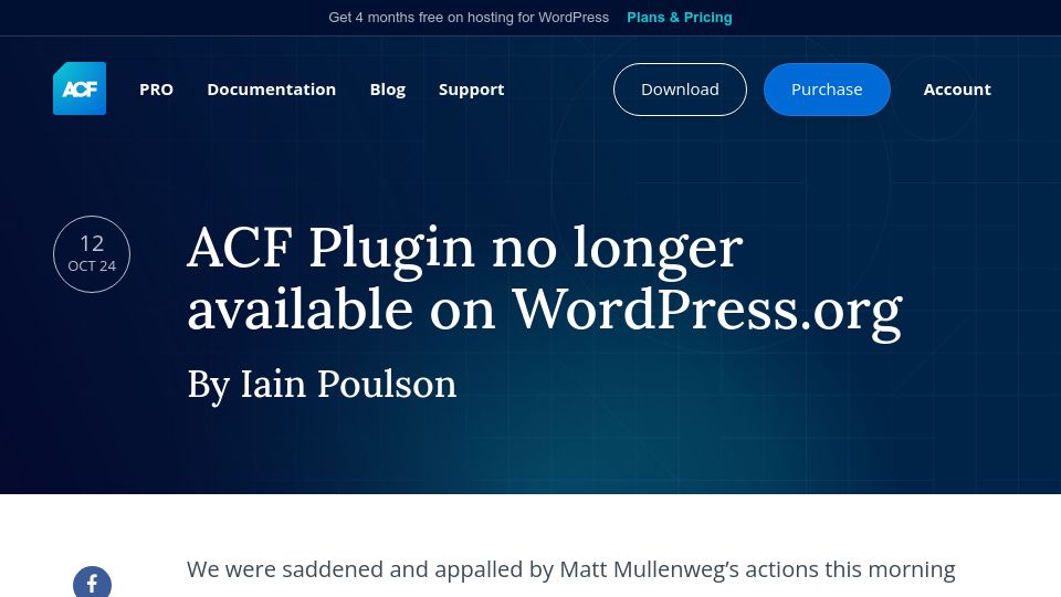 Screenshot of advancedcustomfields.com: ACF Plugin no longer available on WordPress.org