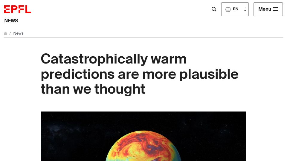 Screenshot of actu.epfl.ch: Catastrophically warm predictions are more plausible than we thought