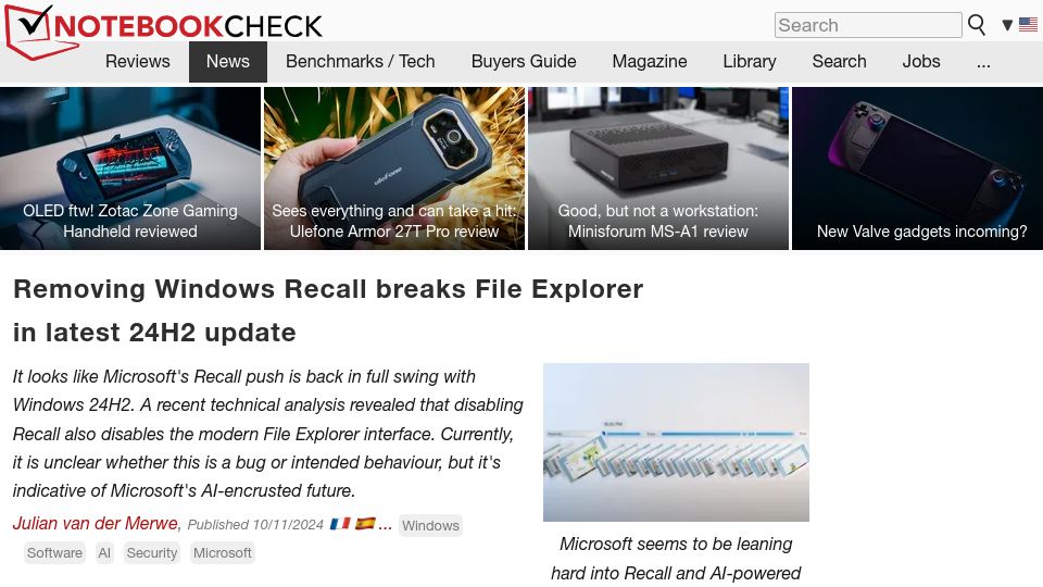 Screenshot of notebookcheck.net: Removing Windows Recall Breaks File Explorer in Latest 24H2 Update