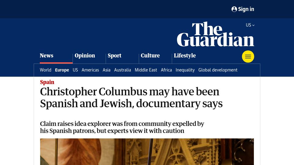 Screenshot of theguardian.com: Christopher Columbus may have been Spanish and Jewish, documentary says