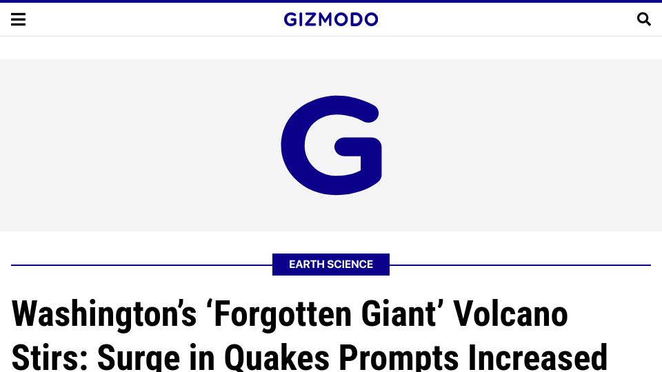 Screenshot of gizmodo.com: Washington's 'forgotten giant' volcano stirs