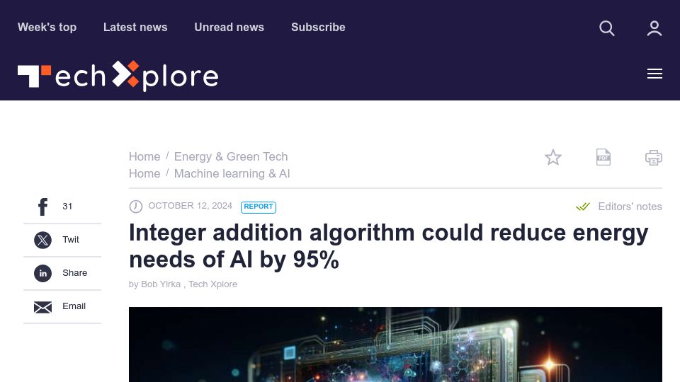 Screenshot of techxplore.com: Integer addition algorithm could reduce energy needs of AI by 95%