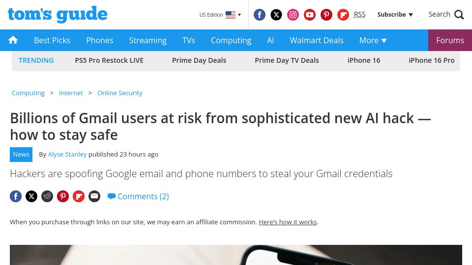 Screenshot of tomsguide.com: Billions of Gmail users at risk from sophisticated new AI hack