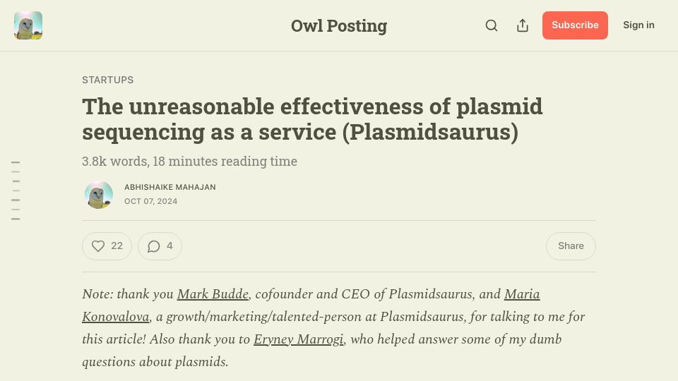 Screenshot of owlposting.com: The unreasonable effectiveness of plasmid sequencing as a service