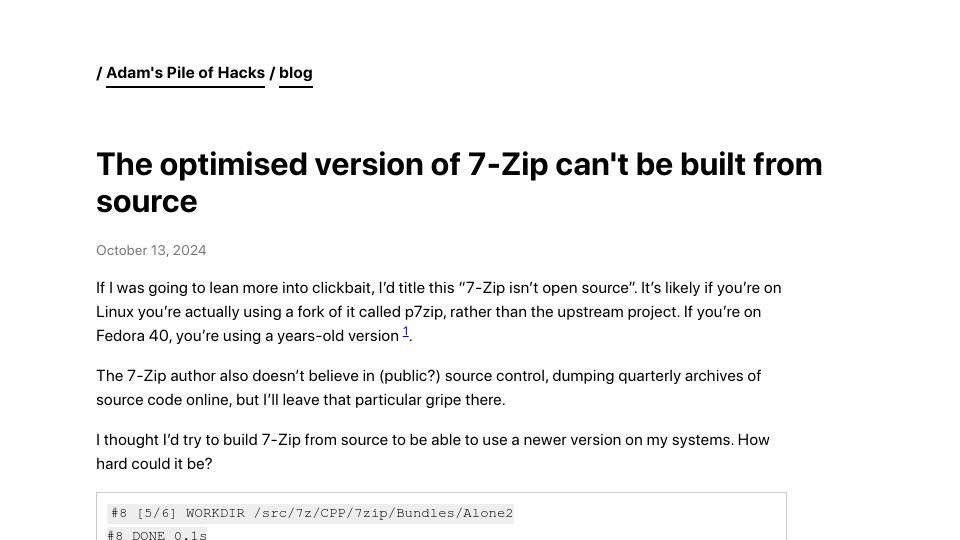 Screenshot of pileofhacks.dev: The optimised version of 7-Zip can't be built from source
