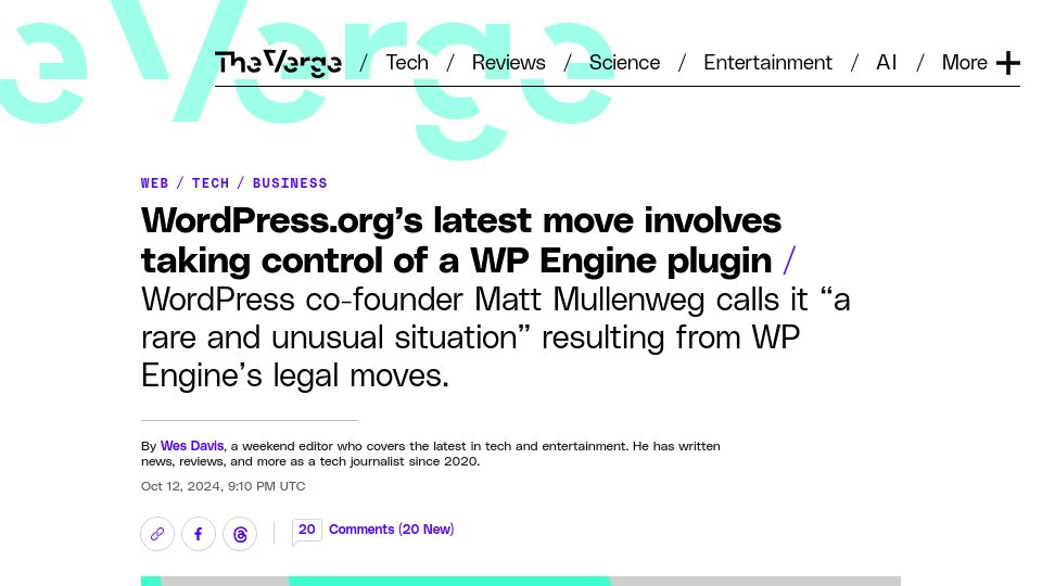 Screenshot of theverge.com: WordPress.org's latest move involves taking control of a WP Engine plugin