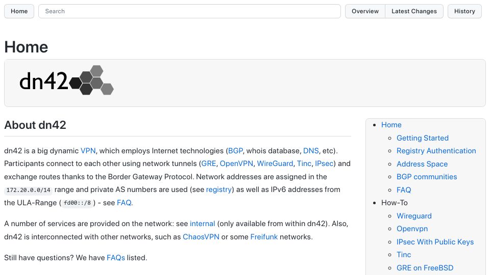 Screenshot of dn42.dev: About dn42