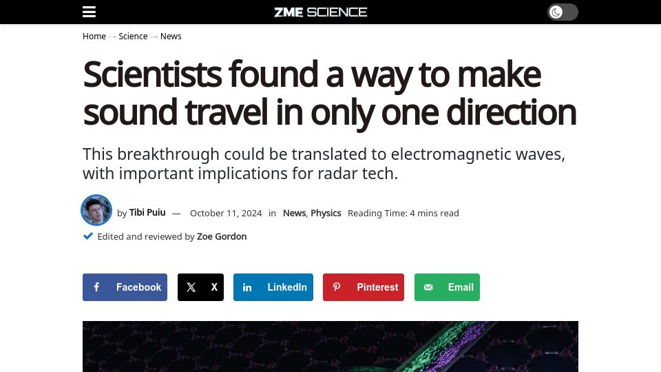 Screenshot of zmescience.com: Scientists found a way to make sound travel in only one direction