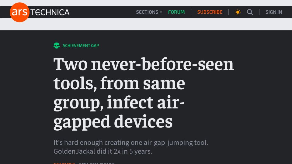 Screenshot of arstechnica.com: Two never-before-seen tools, from same group, infect air-gapped devices