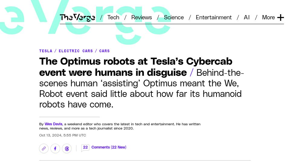 Screenshot of theverge.com: The Optimus robots at Tesla's Cybercab event were humans in disguise