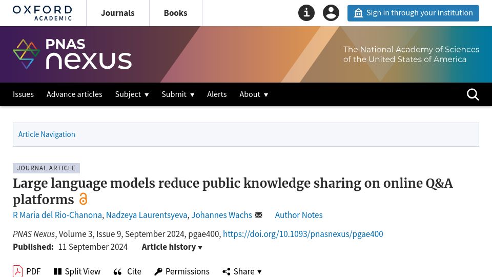 Screenshot of academic.oup.com: Large language models reduce public knowledge sharing on online Q&A platforms
