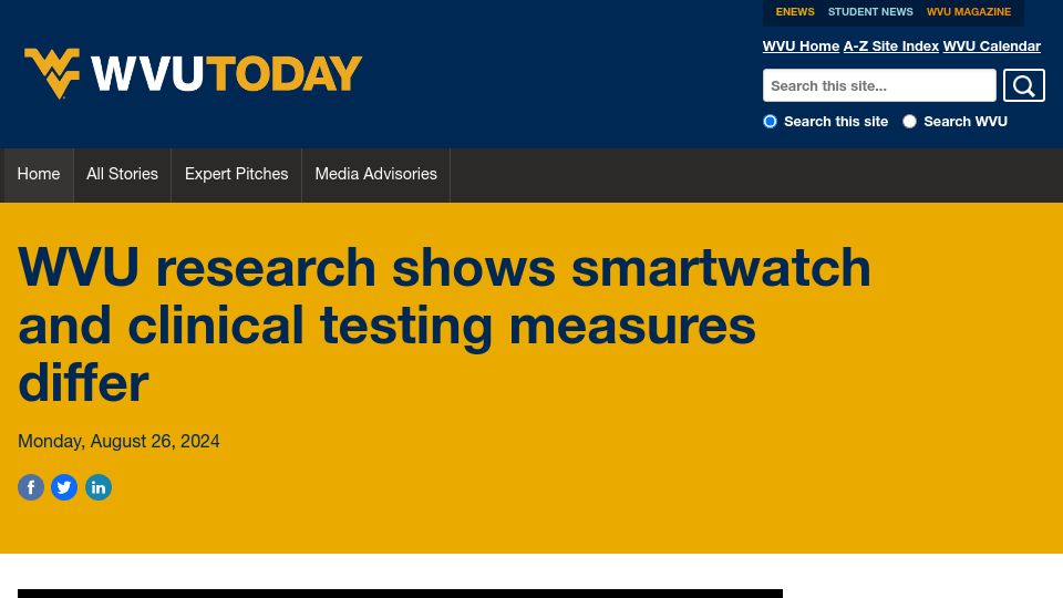 Screenshot of wvutoday.wvu.edu: Heart rate variability differs between smartwatch and clinical testing