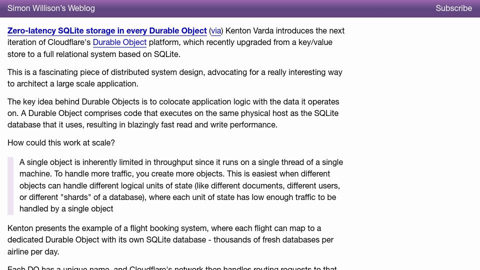 Screenshot of simonwillison.net: Zero-latency SQLite storage in every Durable Object