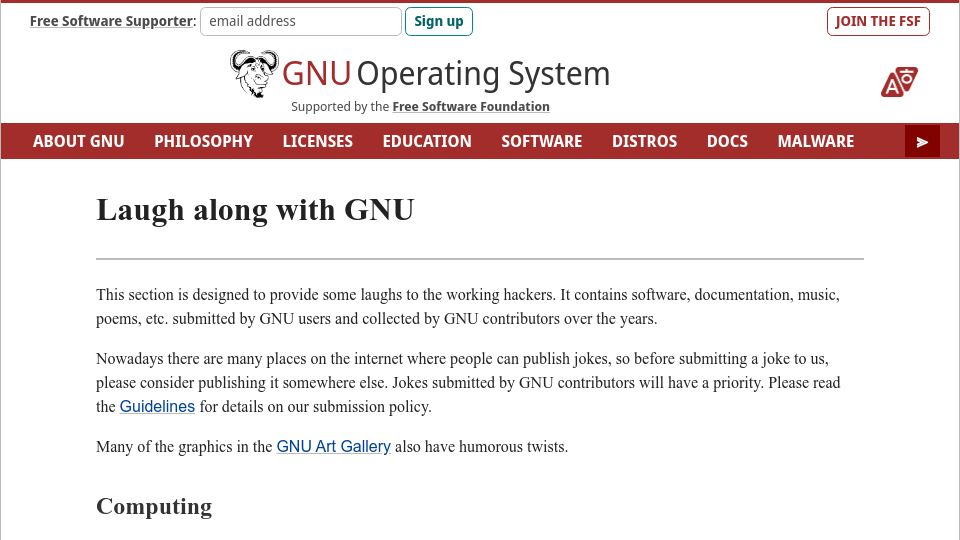 Screenshot of gnu.org: Laugh Along with GNU